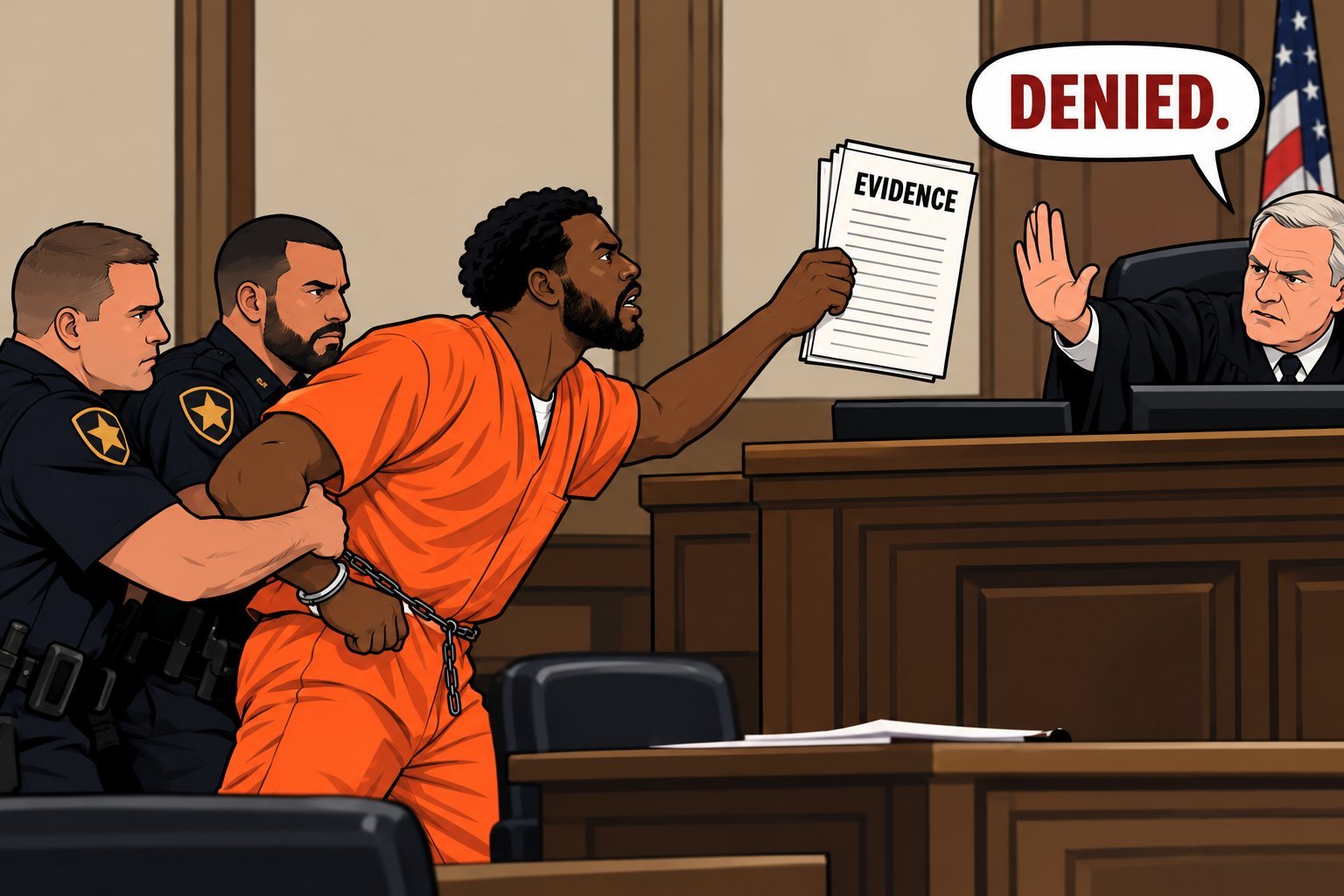 Illustration: a Black man in an orange jumpsuit, held back by two officers, holds up papers marked EVIDENCE while the judge raises his hand and says DENIED.